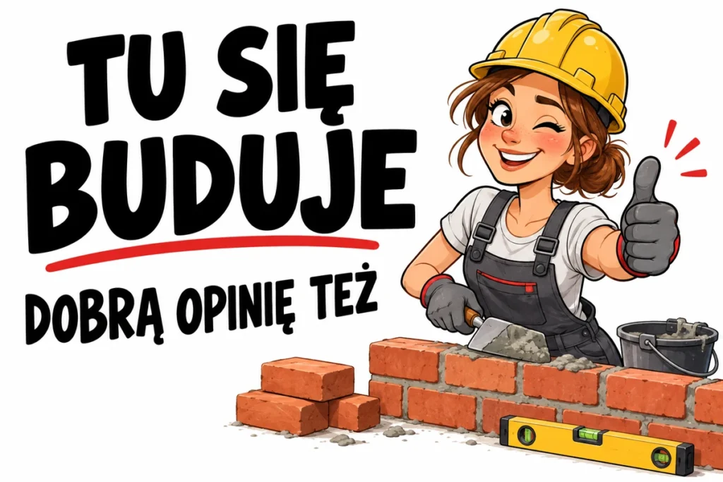TU SIĘ BUDUJE — DOBRĄ OPINIĘ TEŻ | tabliczka Bogler 30 × 20 cm