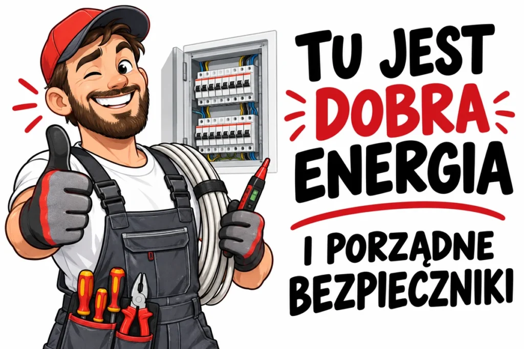 TU JEST DOBRA ENERGIA — I PORZĄDNE BEZPIECZNIKI | tabliczka Bogler 30 × 20 cm