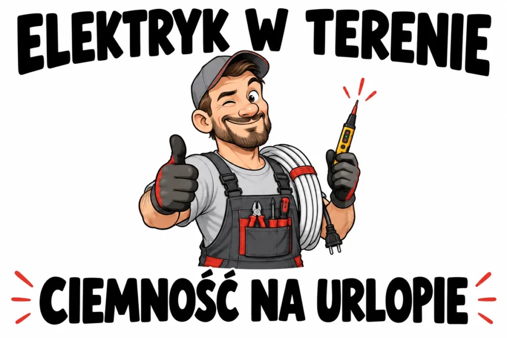 ELEKTRYK W TERENIE — CIEMNOŚĆ NA URLOPIE | tabliczka Bogler 30 × 20 cm
