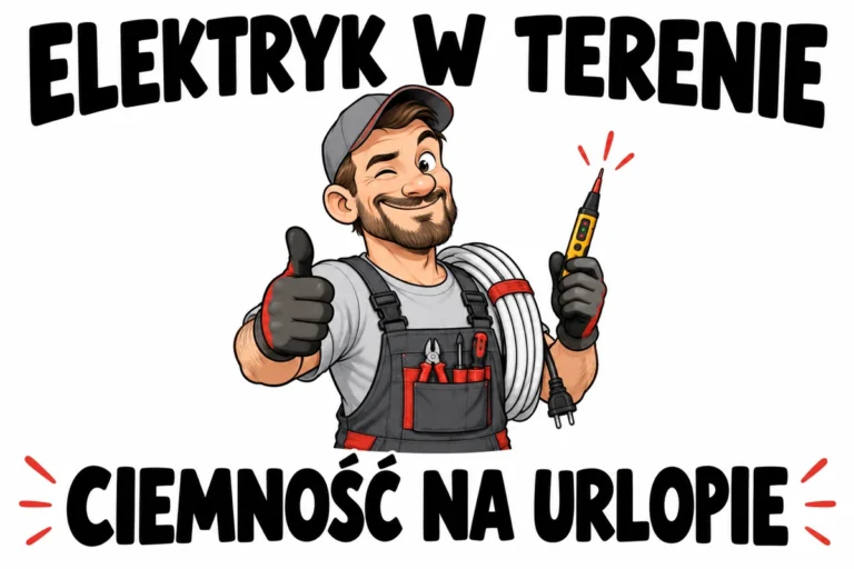 ELEKTRYK W TERENIE — CIEMNOŚĆ NA URLOPIE | tabliczka Bogler 30 × 20 cm