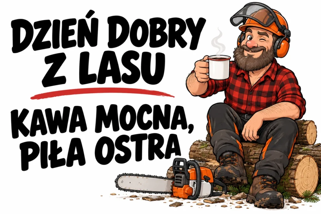 DZIEŃ DOBRY Z LASU — KAWA MOCNA, PIŁA OSTRA | tabliczka Bogler 30 × 20 cm
