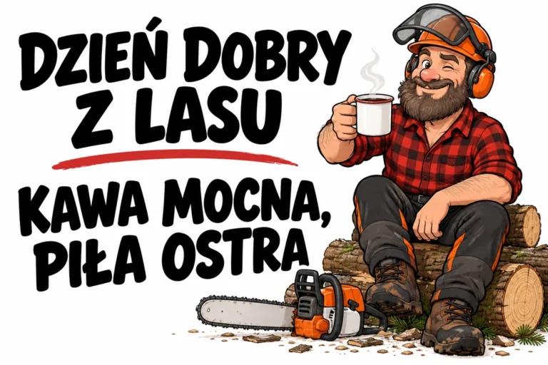 DZIEŃ DOBRY Z LASU — KAWA MOCNA, PIŁA OSTRA | tabliczka Bogler 30 × 20 cm
