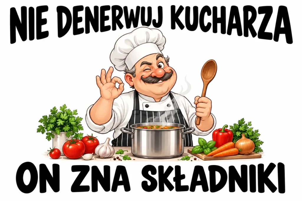 NIE DENERWUJ KUCHARZA — ON ZNA SKŁADNIKI | tabliczka Bogler 30 × 20 cm