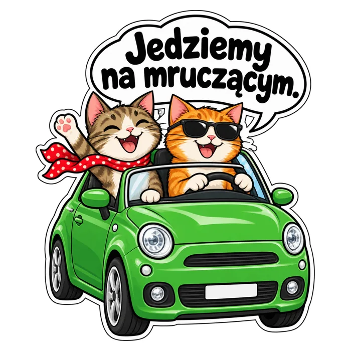 Jedziemy na mruczącym. — ilustracja na auto