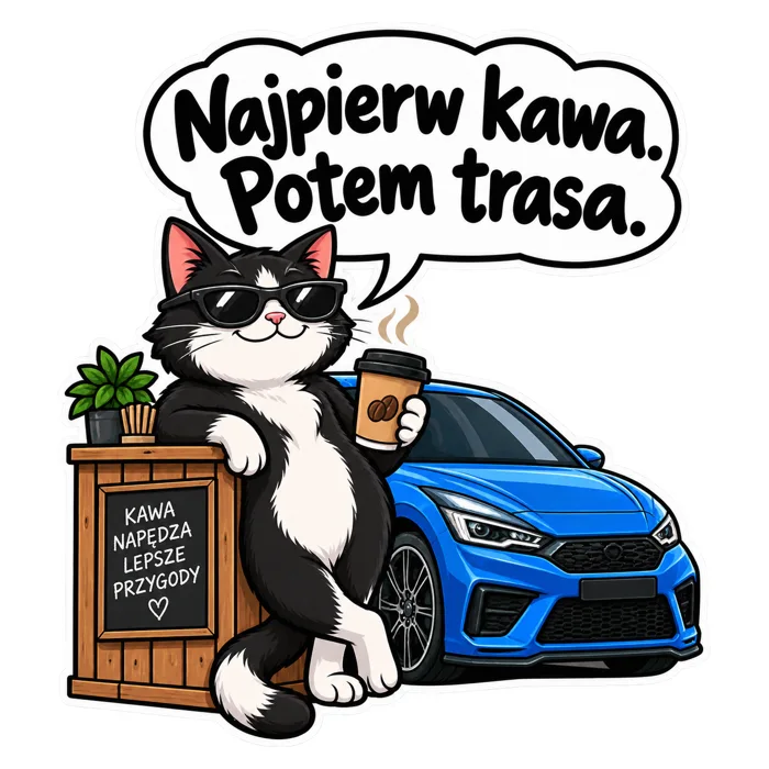 Najpierw kawa. Potem trasa. — ilustracja na auto