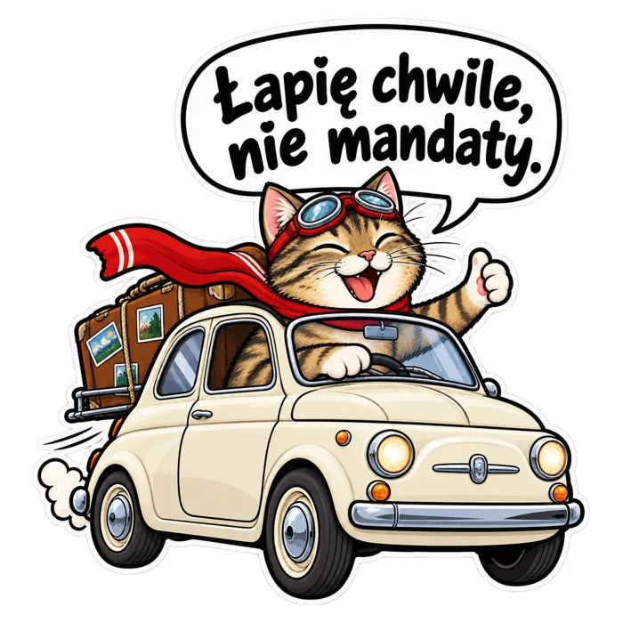 Łapię chwile, nie mandaty. — ilustracja na auto
