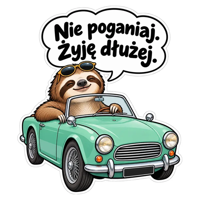 Nie poganiaj. Żyję dłużej. — ilustracja na auto